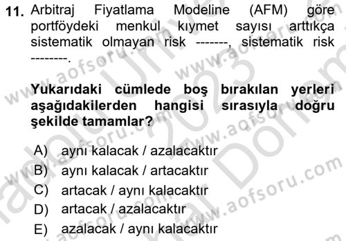Portföy Yönetimi Dersi 2023 - 2024 Yılı (Final) Dönem Sonu Sınav Soruları 11. Soru