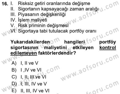 Portföy Yönetimi Dersi 2023 - 2024 Yılı (Final) Dönem Sonu Sınav Soruları 16. Soru