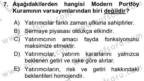 Portföy Yönetimi Dersi 2023 - 2024 Yılı (Final) Dönem Sonu Sınav Soruları 7. Soru