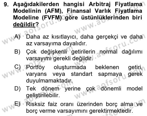 Portföy Yönetimi Dersi 2023 - 2024 Yılı (Final) Dönem Sonu Sınav Soruları 9. Soru
