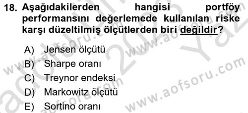 Portföy Yönetimi Dersi 2023 - 2024 Yılı Yaz Okulu Sınav Soruları 18. Soru