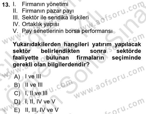 Portföy Yönetimi Dersi 2024 - 2025 Yılı (Final) Dönem Sonu Sınav Soruları 13. Soru