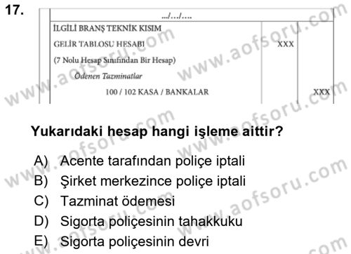 Banka ve Sigorta Muhasebesi Dersi 2021 - 2022 Yılı (Final) Dönem Sonu Sınav Soruları 17. Soru