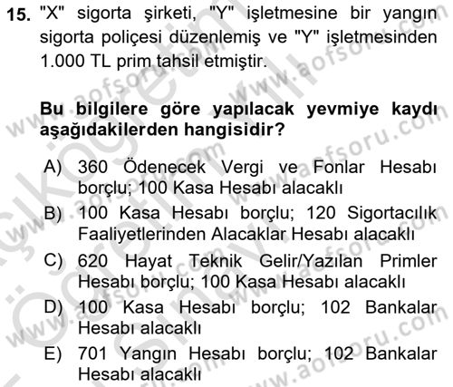 Banka ve Sigorta Muhasebesi Dersi 2021 - 2022 Yılı Yaz Okulu Sınav Soruları 15. Soru