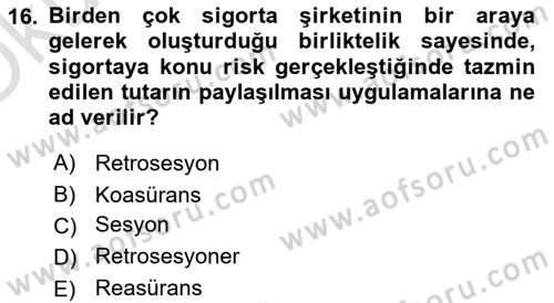 Banka ve Sigorta Muhasebesi Dersi 2021 - 2022 Yılı Yaz Okulu Sınav Soruları 16. Soru