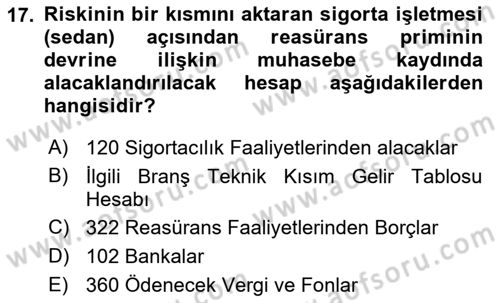 Banka ve Sigorta Muhasebesi Dersi 2021 - 2022 Yılı Yaz Okulu Sınav Soruları 17. Soru