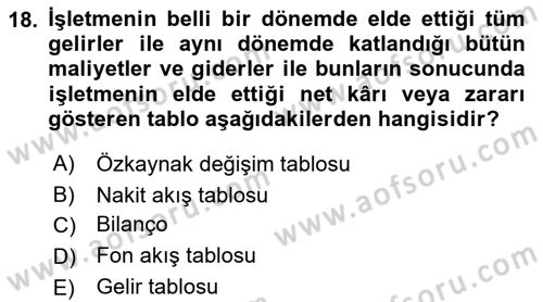 Banka ve Sigorta Muhasebesi Dersi 2021 - 2022 Yılı Yaz Okulu Sınav Soruları 18. Soru