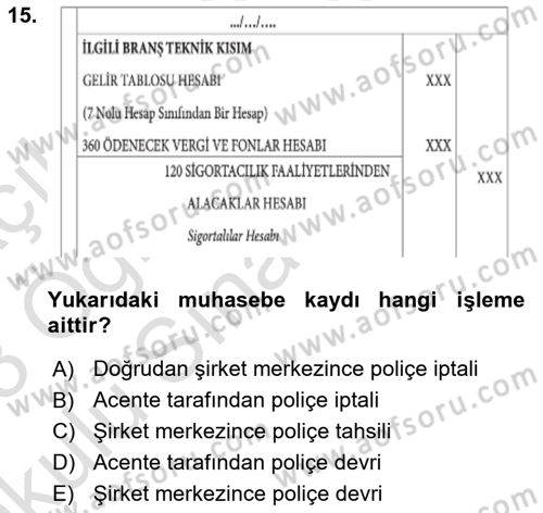 Banka ve Sigorta Muhasebesi Dersi 2022 - 2023 Yılı Yaz Okulu Sınav Soruları 15. Soru