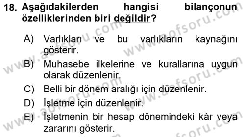 Banka ve Sigorta Muhasebesi Dersi 2022 - 2023 Yılı Yaz Okulu Sınav Soruları 18. Soru