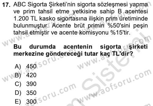 Banka ve Sigorta Muhasebesi Dersi 2023 - 2024 Yılı Yaz Okulu Sınav Soruları 17. Soru