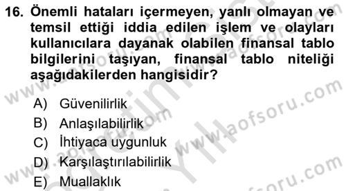 Banka ve Sigorta Muhasebesi Dersi 2024 - 2025 Yılı Yaz Okulu Sınav Soruları 16. Soru