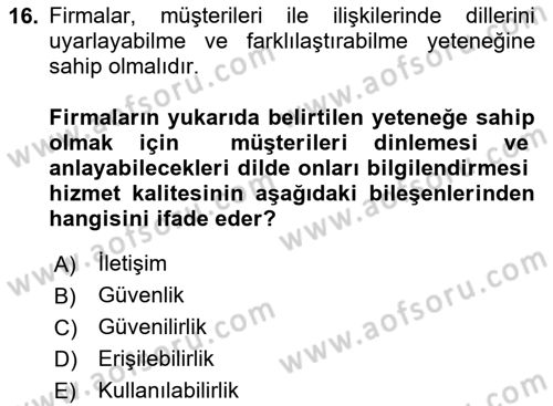 İş Hayatında Standartlar Dersi 2020 - 2021 Yılı Yaz Okulu Sınav Soruları 16. Soru