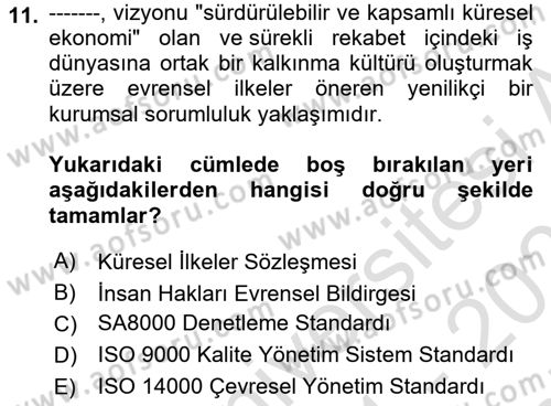 İş Hayatında Standartlar Dersi 2021 - 2022 Yılı (Final) Dönem Sonu Sınavı 11. Soru