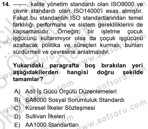 İş Hayatında Standartlar Dersi 2022 - 2023 Yılı Yaz Okulu Sınav Soruları 14. Soru