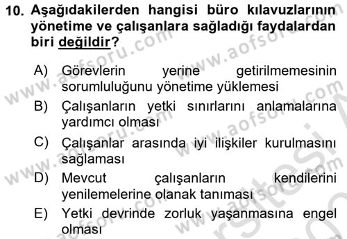 Modern Büro Yönetimi Dersi 2023 - 2024 Yılı (Vize) Ara Sınav Soruları 10. Soru