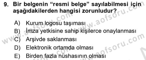 Modern Büro Yönetimi Dersi 2025 - 2026 Yılı (Vize) Ara Sınav Soruları 9. Soru