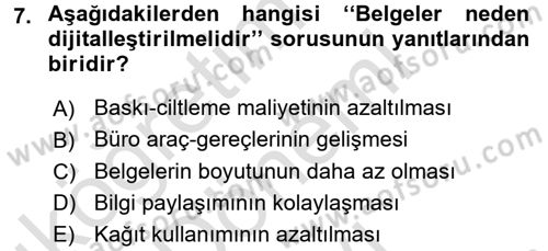 Dosyalama Arşivleme Dersi 2015 - 2016 Yılı (Final) Dönem Sonu Sınav Soruları 7. Soru