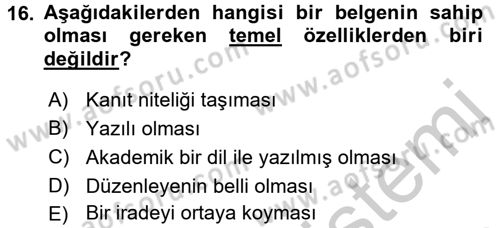 Dosyalama Arşivleme Dersi 2016 - 2017 Yılı (Vize) Ara Sınav Soruları 16. Soru