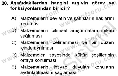 Dosyalama Arşivleme Dersi 2016 - 2017 Yılı (Final) Dönem Sonu Sınav Soruları 20. Soru