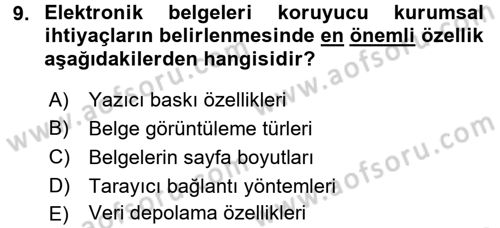 Dosyalama Arşivleme Dersi 2017 - 2018 Yılı (Final) Dönem Sonu Sınav Soruları 9. Soru