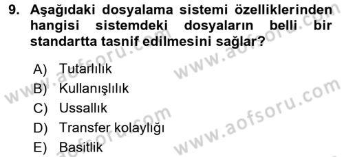 Dosyalama Arşivleme Dersi 2020 - 2021 Yılı Yaz Okulu Sınav Soruları 9. Soru