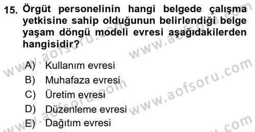 Dosyalama Arşivleme Dersi 2021 - 2022 Yılı Yaz Okulu Sınav Soruları 15. Soru