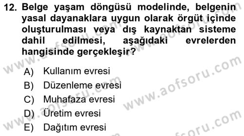 Dosyalama Arşivleme Dersi 2025 - 2026 Yılı (Final) Dönem Sonu Sınav Soruları 12. Soru