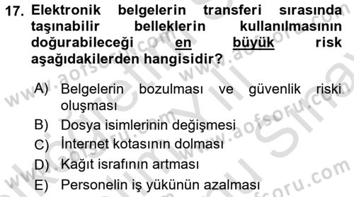 Dosyalama Arşivleme Dersi 2025 - 2026 Yılı (Final) Dönem Sonu Sınav Soruları 17. Soru
