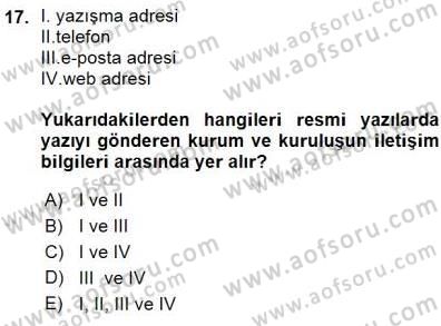 Mesleki Yazışmalar Dersi Ara Sınavı Deneme Sınav Soruları 17. Soru