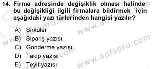 Mesleki Yazışmalar Dersi 2016 - 2017 Yılı (Final) Dönem Sonu Sınav Soruları 14. Soru
