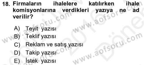 Mesleki Yazışmalar Dersi 2016 - 2017 Yılı (Final) Dönem Sonu Sınav Soruları 18. Soru