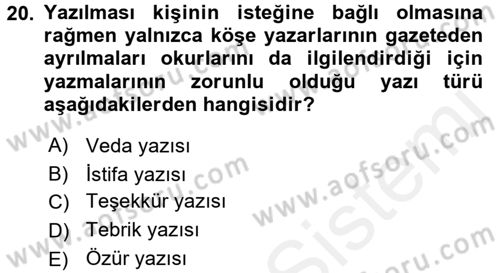 Mesleki Yazışmalar Dersi 2016 - 2017 Yılı (Final) Dönem Sonu Sınav Soruları 20. Soru