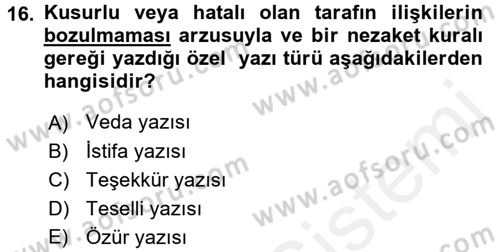 Mesleki Yazışmalar Dersi 2017 - 2018 Yılı 3 Ders Sınav Soruları 16. Soru