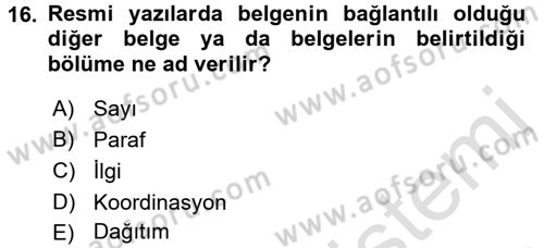 Mesleki Yazışmalar Dersi 2017 - 2018 Yılı (Vize) Ara Sınav Soruları 16. Soru