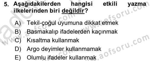 Mesleki Yazışmalar Dersi Ara Sınavı Deneme Sınav Soruları 5. Soru