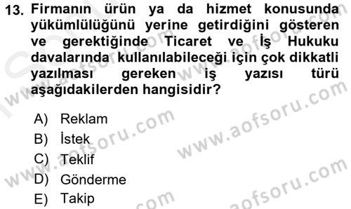 Mesleki Yazışmalar Dersi 2017 - 2018 Yılı (Final) Dönem Sonu Sınav Soruları 13. Soru