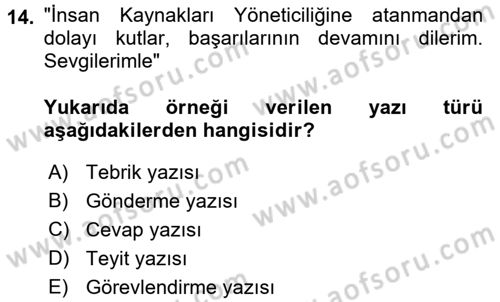 Mesleki Yazışmalar Dersi 2017 - 2018 Yılı (Final) Dönem Sonu Sınav Soruları 14. Soru