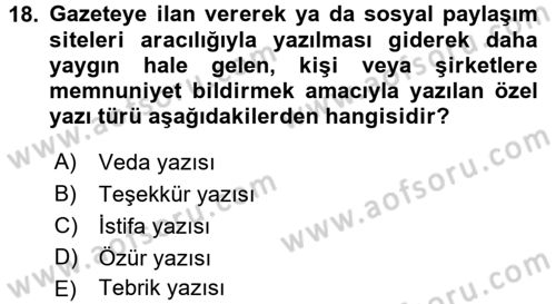 Mesleki Yazışmalar Dersi 2017 - 2018 Yılı (Final) Dönem Sonu Sınav Soruları 18. Soru
