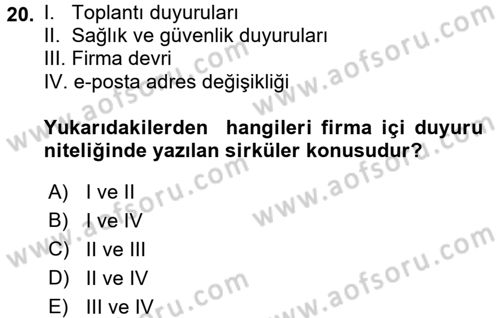Mesleki Yazışmalar Dersi 2017 - 2018 Yılı (Final) Dönem Sonu Sınav Soruları 20. Soru