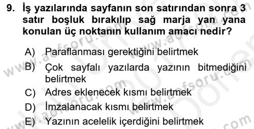 Mesleki Yazışmalar Dersi 2017 - 2018 Yılı (Final) Dönem Sonu Sınav Soruları 9. Soru