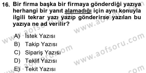 Mesleki Yazışmalar Dersi 2018 - 2019 Yılı Yaz Okulu Sınav Soruları 16. Soru