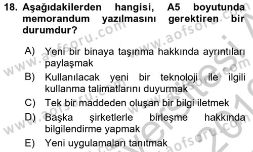 Mesleki Yazışmalar Dersi 2018 - 2019 Yılı Yaz Okulu Sınav Soruları 18. Soru