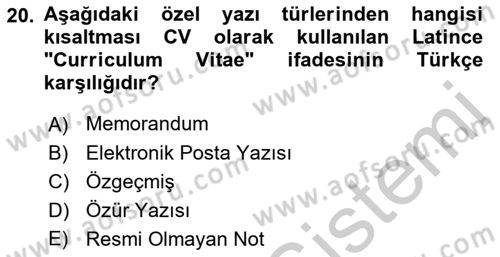 Mesleki Yazışmalar Dersi 2018 - 2019 Yılı Yaz Okulu Sınav Soruları 20. Soru