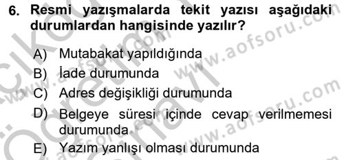 Mesleki Yazışmalar Dersi 2018 - 2019 Yılı Yaz Okulu Sınav Soruları 6. Soru