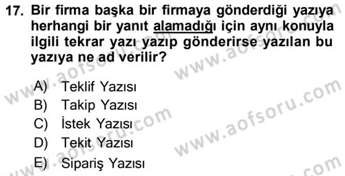 Mesleki Yazışmalar Dersi 2020 - 2021 Yılı Yaz Okulu Sınav Soruları 17. Soru