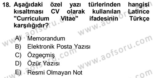Mesleki Yazışmalar Dersi 2020 - 2021 Yılı Yaz Okulu Sınav Soruları 18. Soru