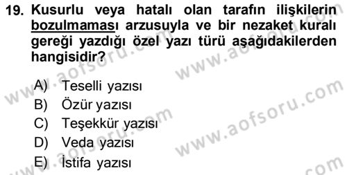 Mesleki Yazışmalar Dersi 2020 - 2021 Yılı Yaz Okulu Sınav Soruları 19. Soru
