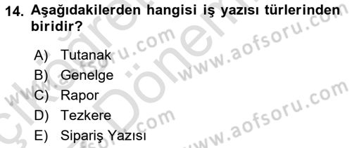 Mesleki Yazışmalar Dersi Ara Sınavı Deneme Sınav Soruları 14. Soru