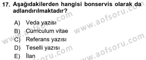 Mesleki Yazışmalar Dersi Ara Sınavı Deneme Sınav Soruları 17. Soru