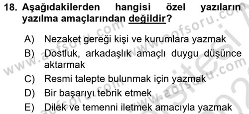 Mesleki Yazışmalar Dersi Ara Sınavı Deneme Sınav Soruları 18. Soru